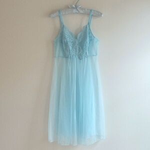 1960s Vintage Blue Sheer Lace and Organza Slip Dress